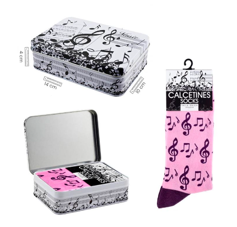 Socks Pink with Black Clefs and Notes Comes in a Tin Box