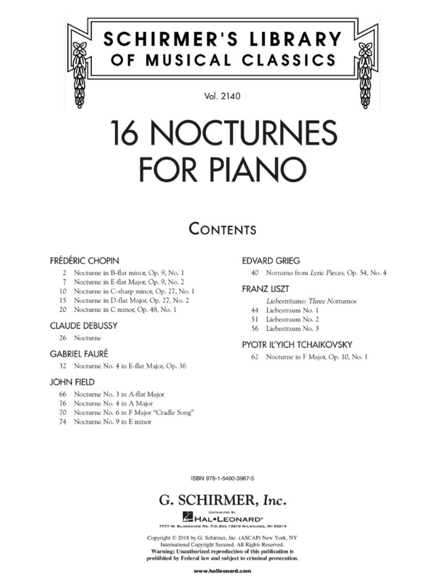 16 Nocturnes for Piano - Piano Solo - Schirmer