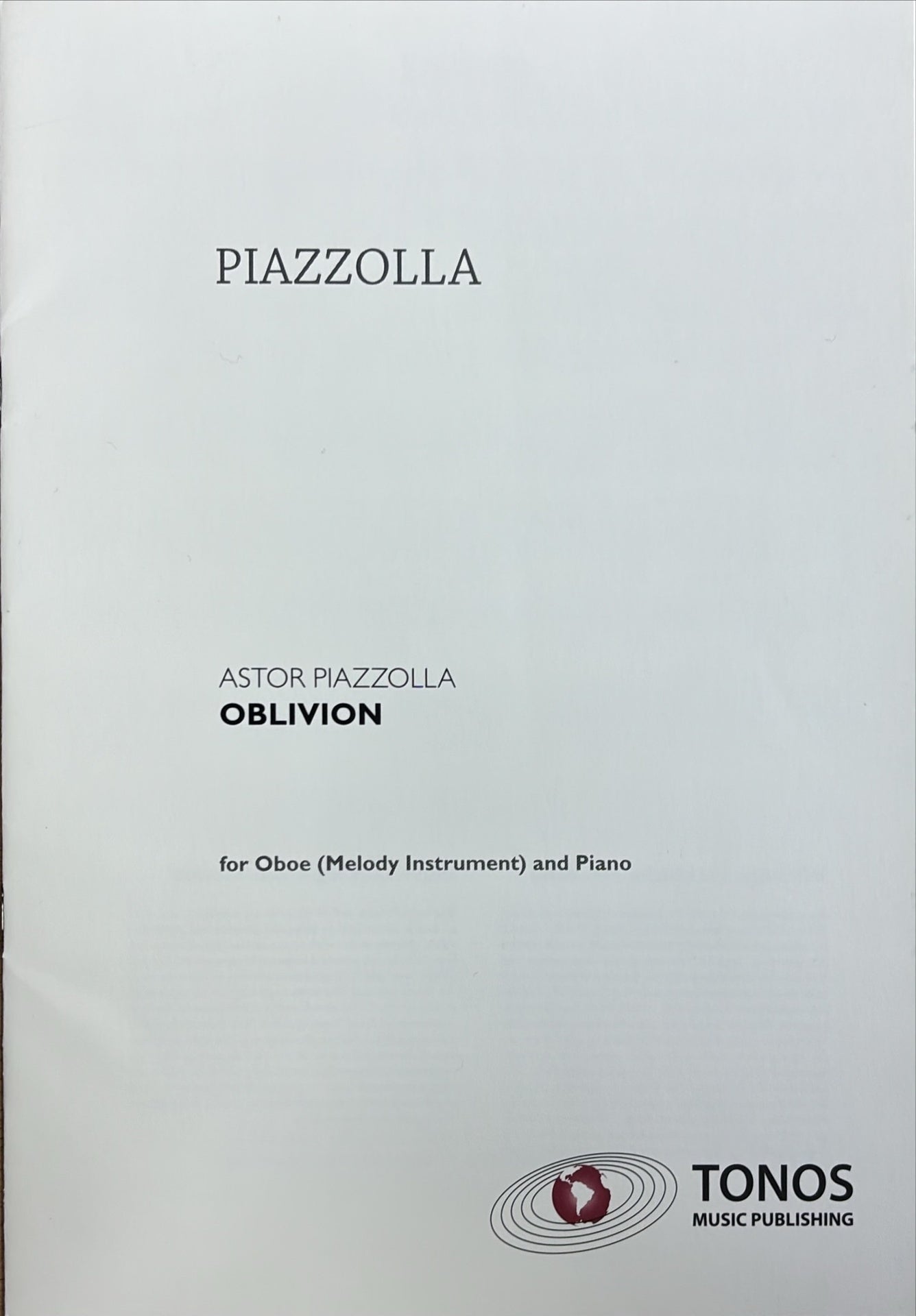 Piazzolla - Oblivion - Oboe/Piano Accompaniment Tonos 21030