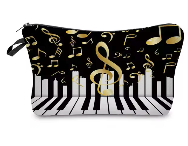 Pencil Case or Toiletry Bag Black with a White Keyboard and Gold Notes and Clefs