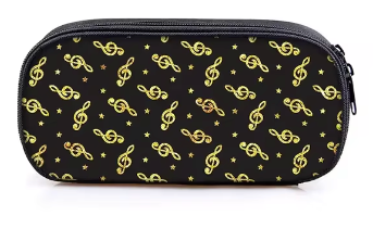 Music Pencil Case Black with Gold Treble Clefs and Stars