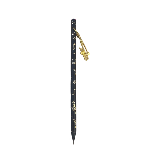 Black Pencil with Gold Embossed Notes and Clefs and a Gold Trombone Charm