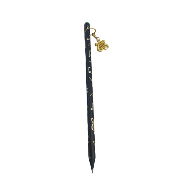 Black Pencil with Gold Embossed Notes and Clefs and a Gold Lyre Charm