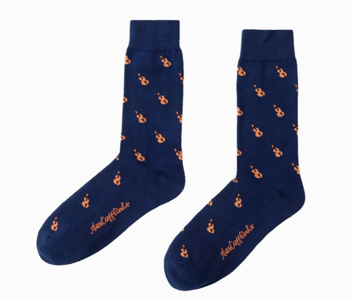 Violin Socks Navy Blue with Orange Violins