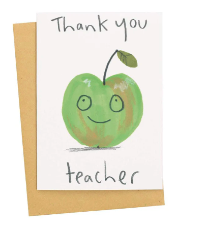 Greeting Card a Green Apple with a Happy Face Thank You Teacher