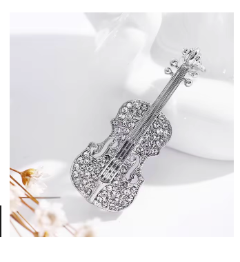 Silver Violin Brooch with Clear Diamontes