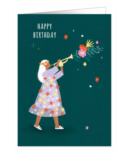 Greeting Card a Girl Playing the Trumpet with Flowers Happy Birthday