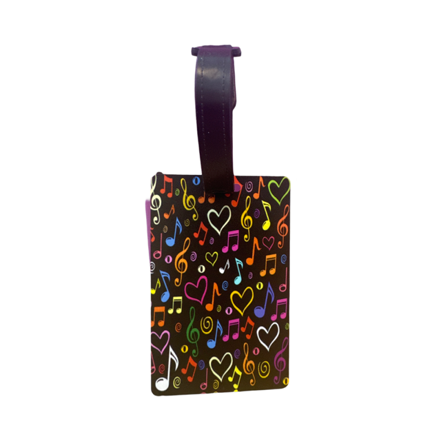 Music Luggage Tag Black with Colourful Hearts and Clefs