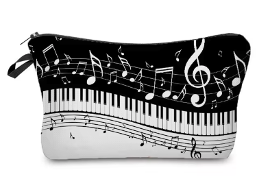 Pencil Case or Toiletry Bag Black with a White Keyboard and White Notes and Clefs