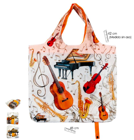 Folding Shopping Bag White with Musical Instruments