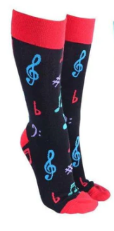 Sock Society Music Socks Black with Colourful Notes and Symbols Red Heel and  Top