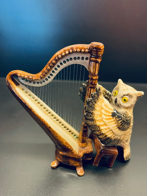 Owl Playing the Harp Porcelain Figurine