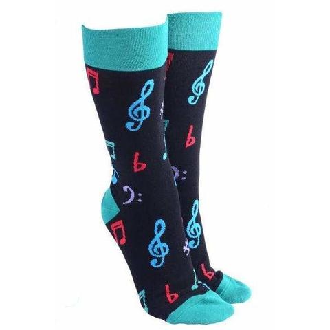 Sock Society Music Socks Black with Colourful Notes and Symbols Green Heel and  Top