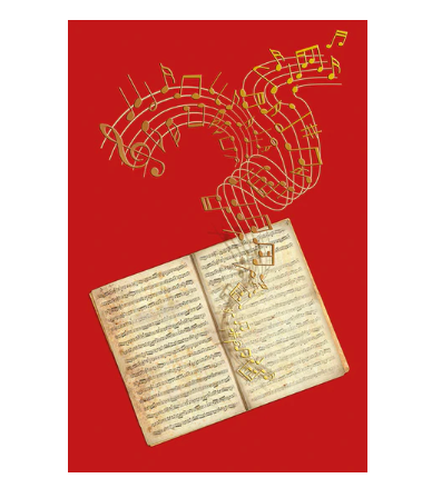 Greeting Card Old Manuscript on a Red Card with Gold Notes and Clef