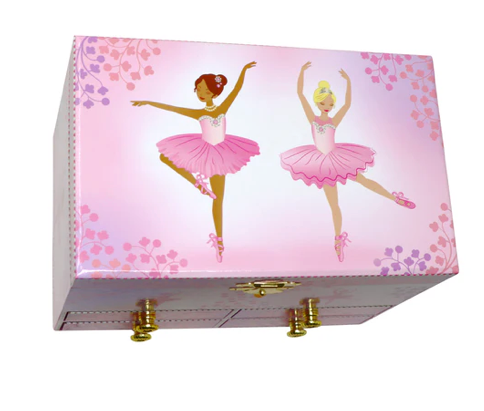 Pink Poppy Ballet Musical Jewellery Box Brunette and Blonde Ballerinas in Pink Tutus Rectangular