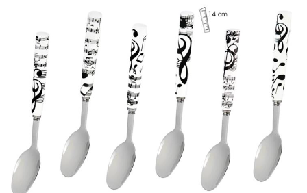 Teaspoons Set of Six White with Black Notes, Clef and Manuscript