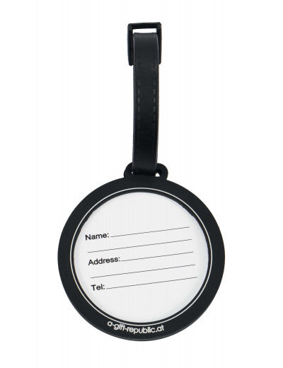 Luggage Tag Round Shape Black with a Treble Clef and Writing that Says "All I Need is Music"