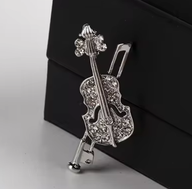 Silver Violin and Bow Brooch with Clear Diamontes