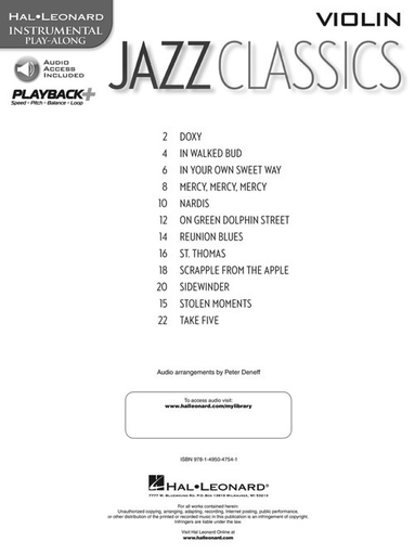 Jazz Classics For Violin Book/Online Audio Access - Violin - Hal Leonard