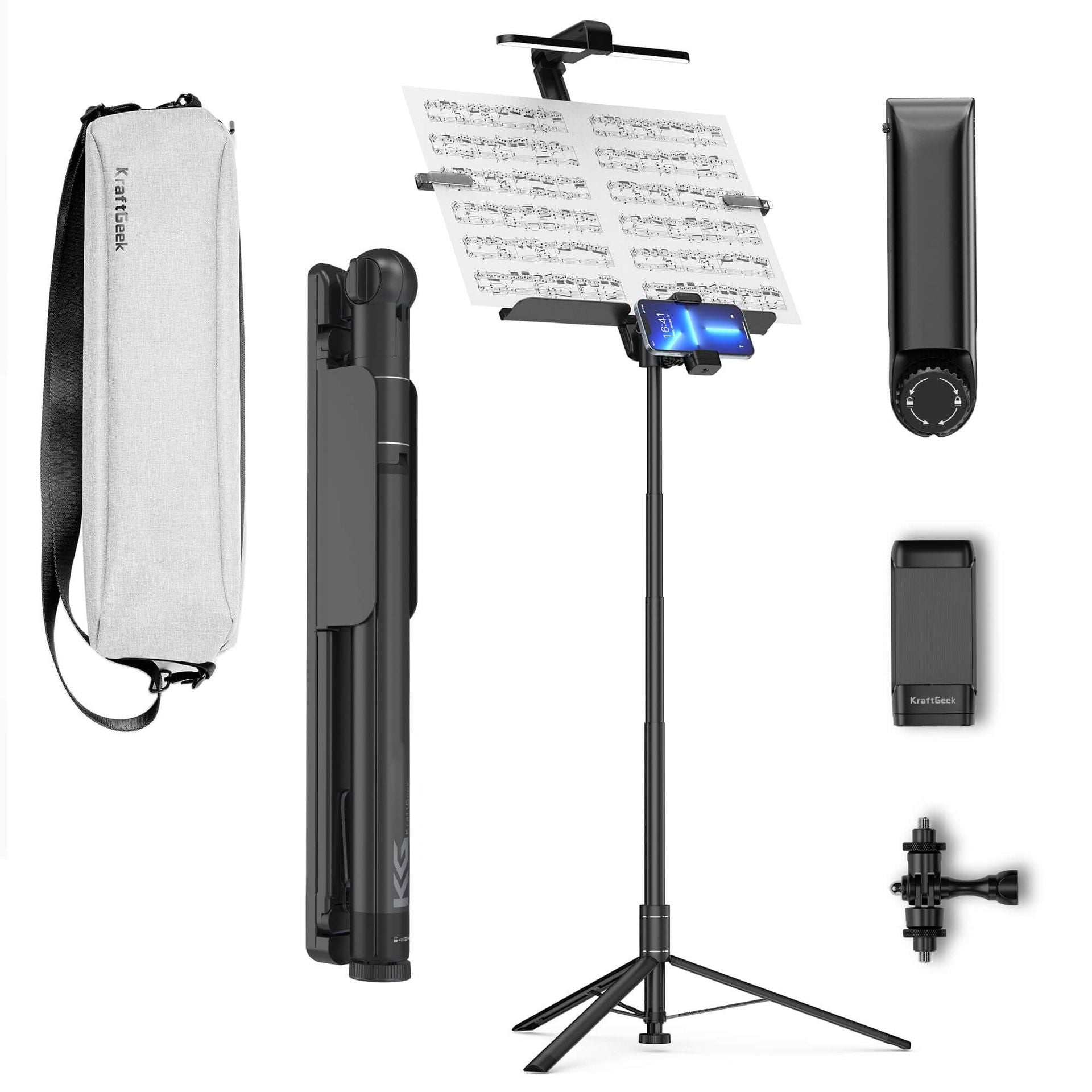 KraftGeek Bravo Collapsible Music Stand Concerto Combo Kit Black with Bag/Light/Phone and Tablet Mount