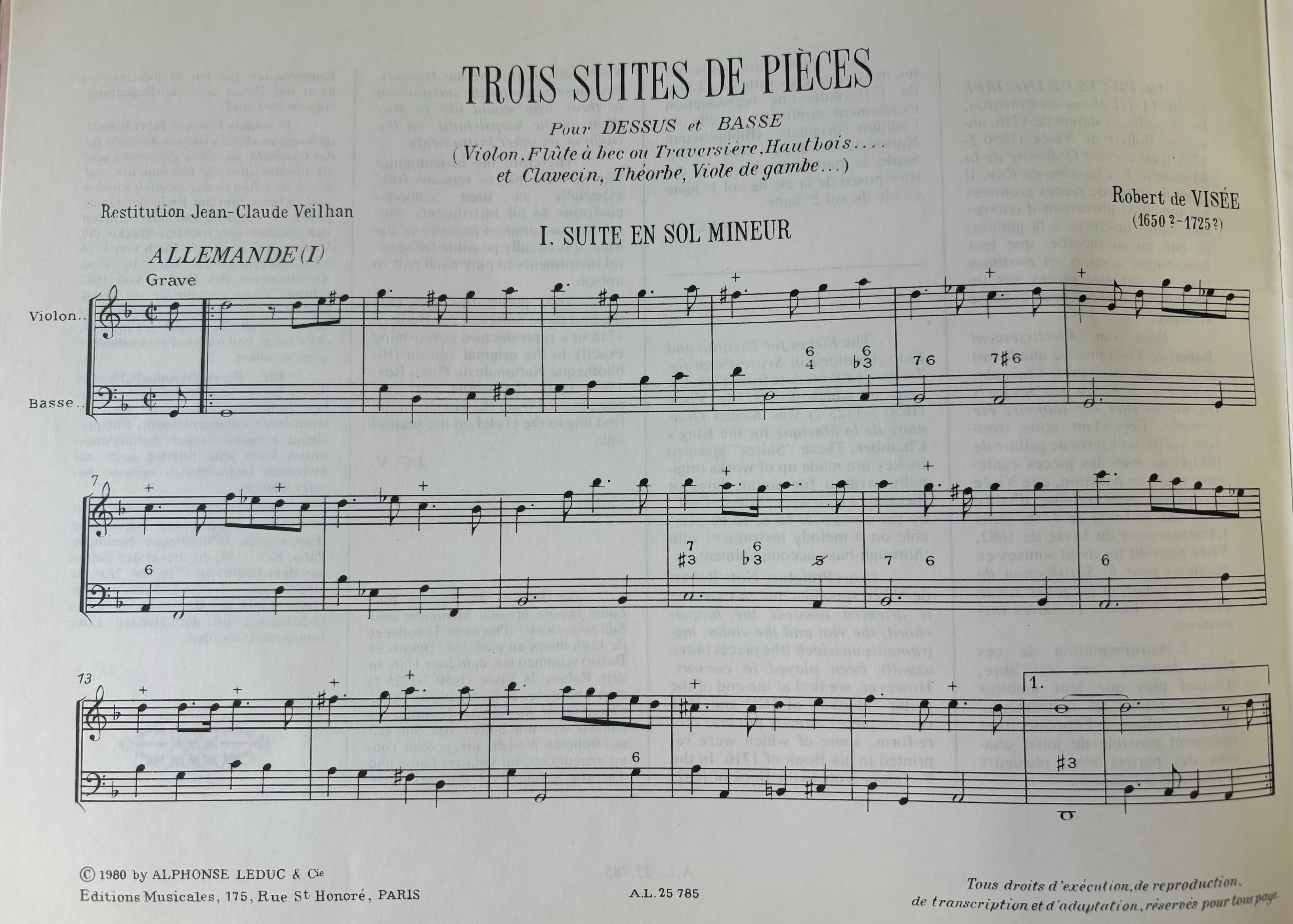 Visee - 3 Suites de Pieces - Flute (or Violin or Oboe or Recorder)/Piano Accompaniment Leduc AL25785