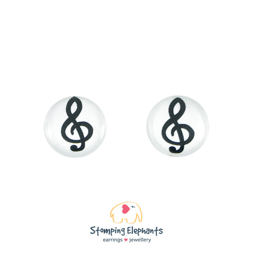 Stud Earrings - Black treble clef with white background.