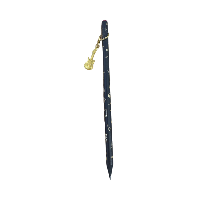 Black Pencil with Gold Embossed Notes and Clefs and a Gold Electric Guitar Charm