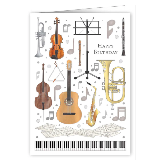 Greeting Card Happy Birthday Musical Instruments Featuring the Trumpet, Violin, Guitar, Saxophone, Clarinet, Double Bass Recorder and Tuba