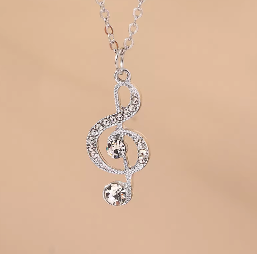 Silver Treble Clef Pendant with Clear Diamontes and Silver Chain