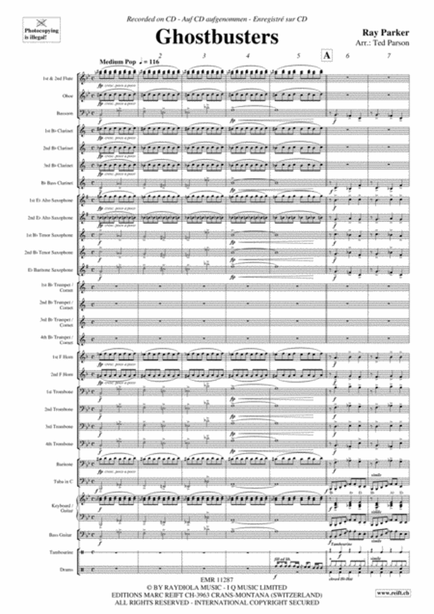 Parson - Ghostbusters - Concert Band Grade 3 Score/Parts Arranged by Parson REIFT EMR11287