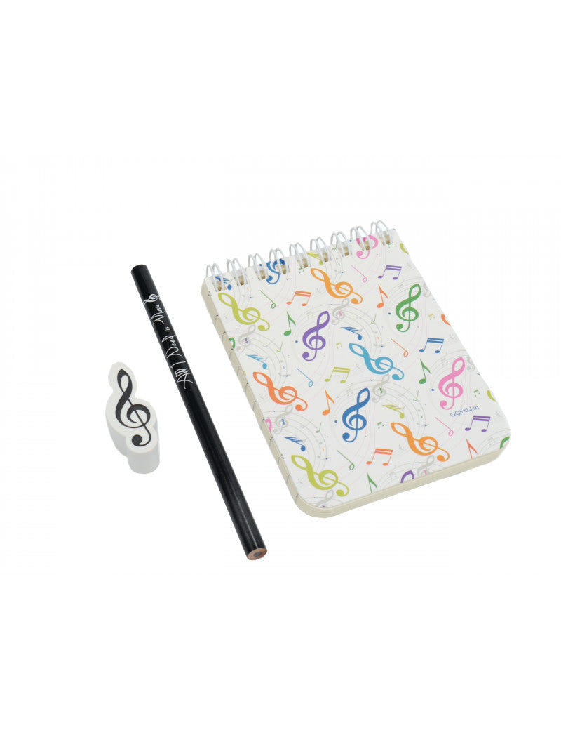 Music Stationery Pack Small Notebook with Colourful Treble Clefs Black Pencil All I Need is Music and White Treble Clef Eraser