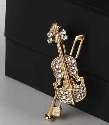 Gold Violin and Bow Brooch with Clear Diamontes