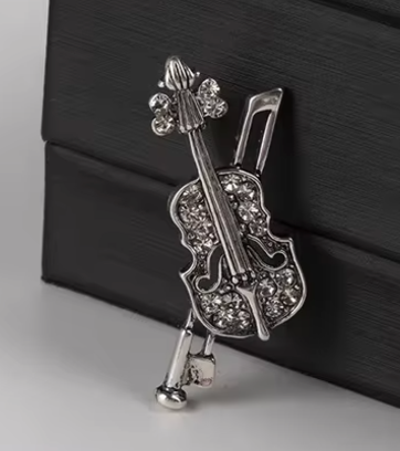 Antique Silver Violin and Bow Brooch with Clear Diamontes