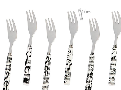 Cake Forks Set of Six White with Black Notes, Clef and Manuscript