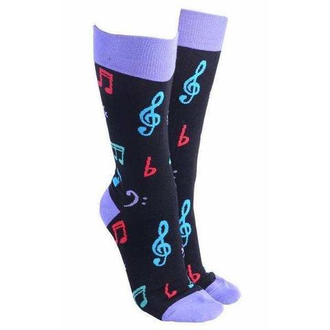 Sock Society Music Socks Black with Colourful Notes and Symbols Purple Heel and  Top