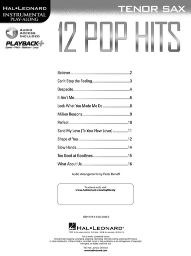 12 Pop Hits - Tenor Saxophone - Tenor Saxophone Online Audio - Hal Leonard